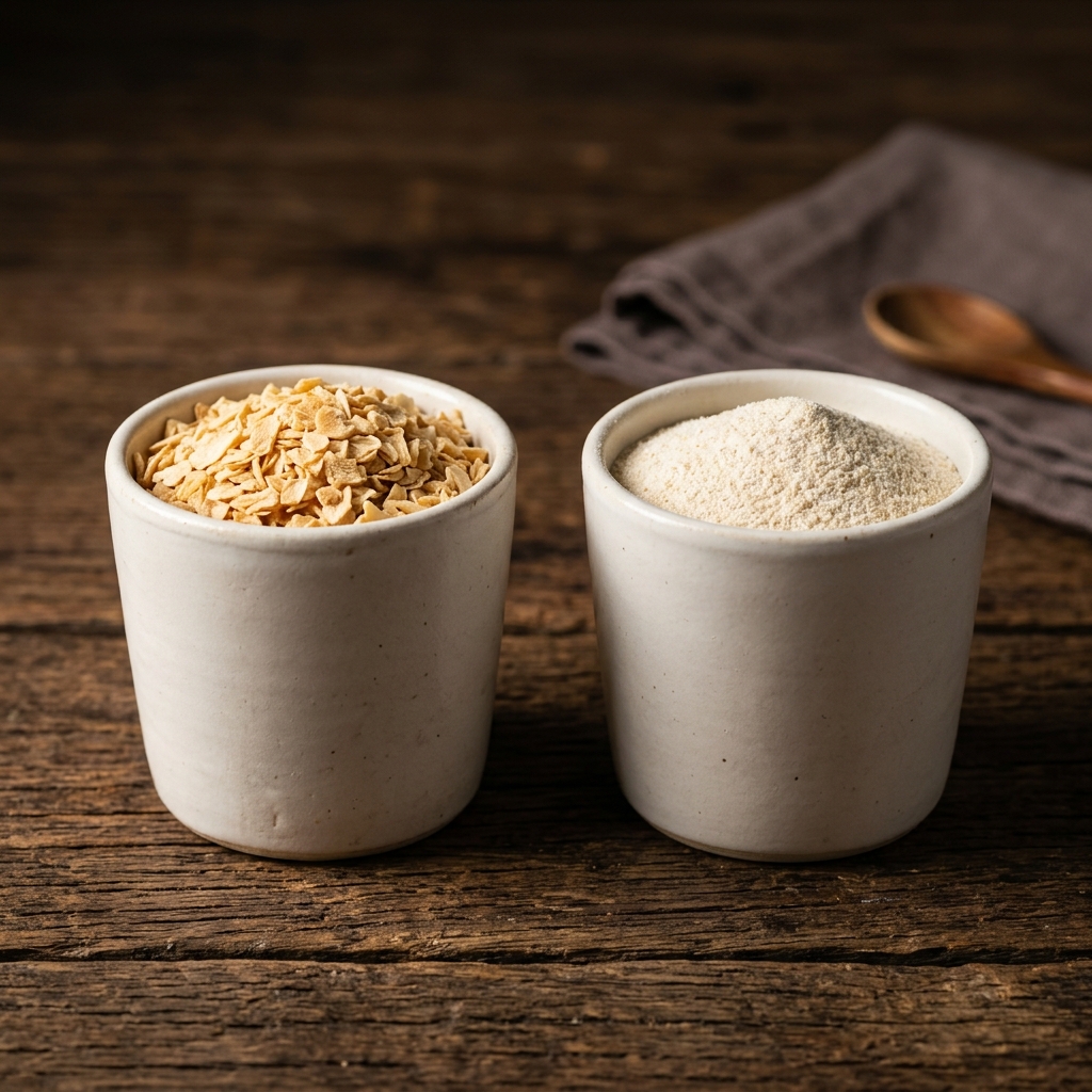 Pungent dehydrated garlic flakes and free-flowing garlic powder