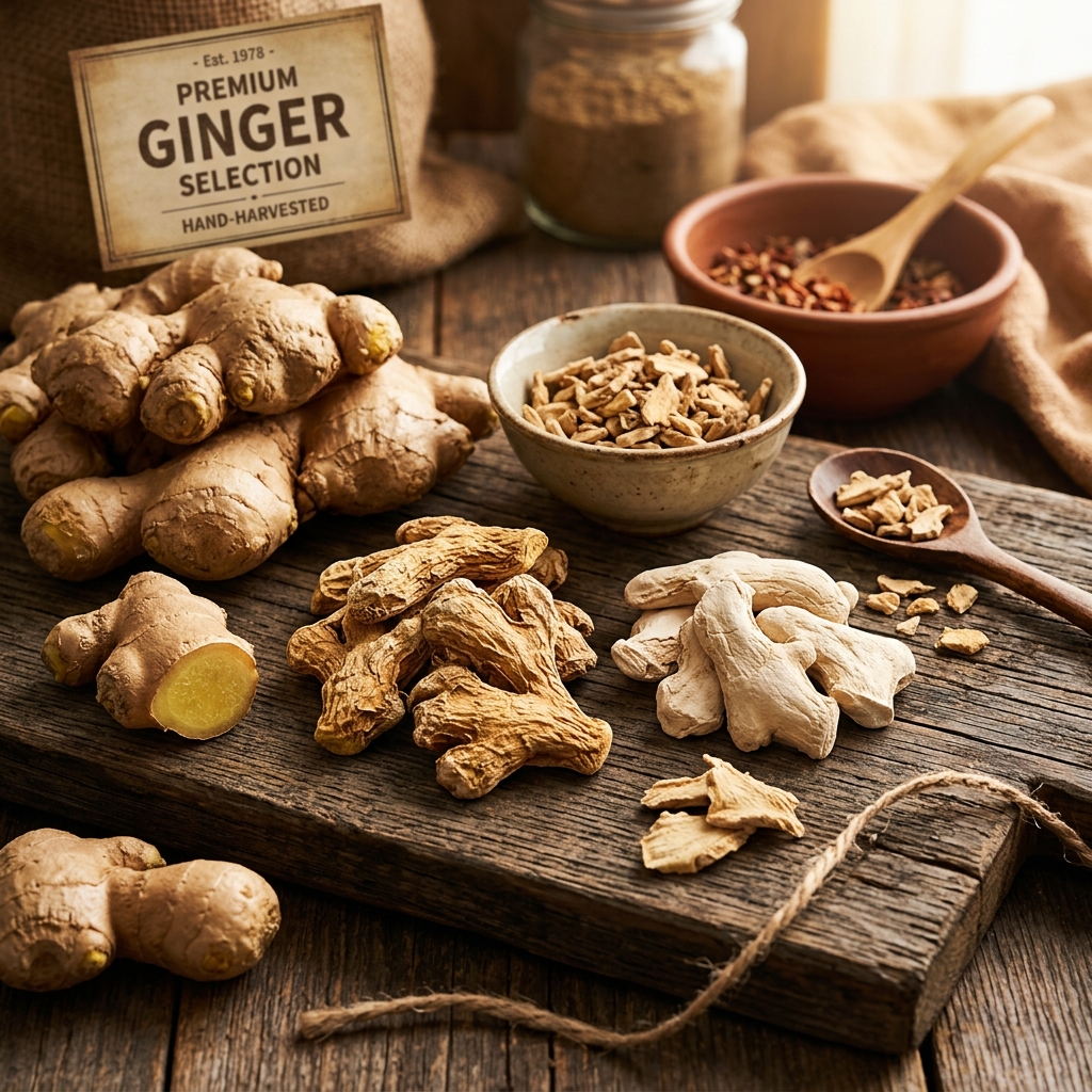 Raw washed fresh ginger rhizomes and unbleached dried ginger powder